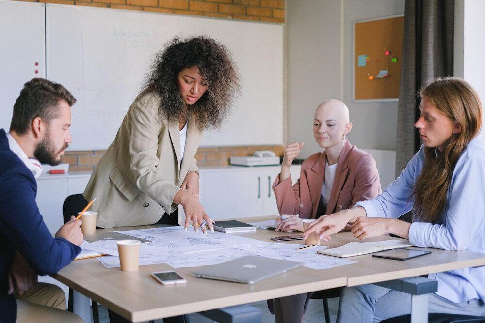 Team working at a table showing effective leadership