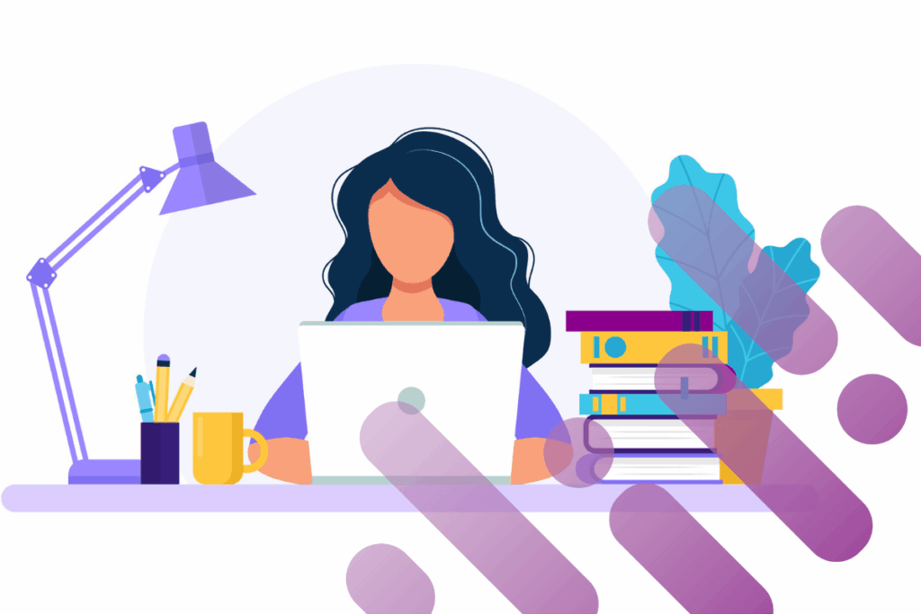 Animation of female tech professional working on her laptop with branding overlay.