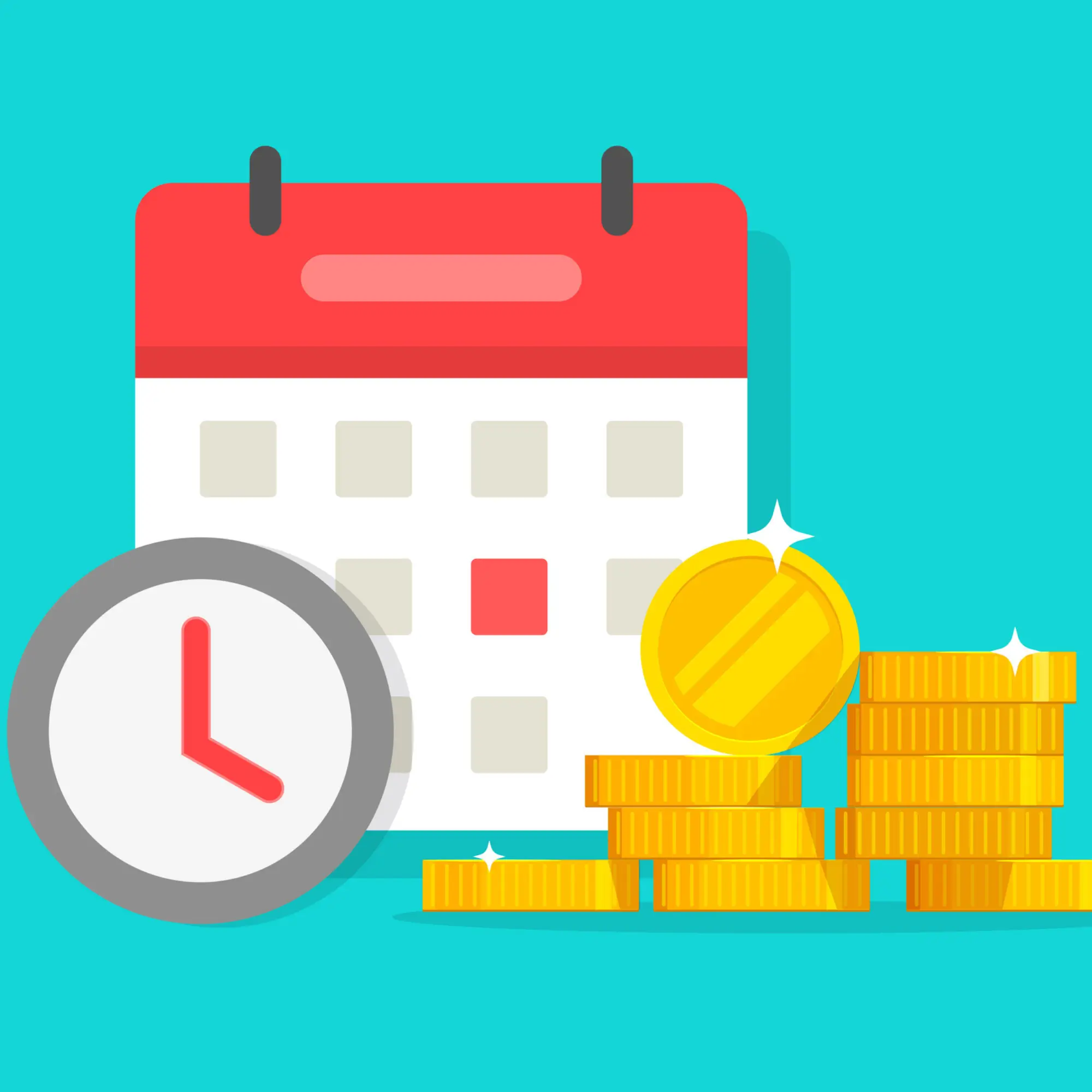 Illustration of a calendar, clock, and gold coins.