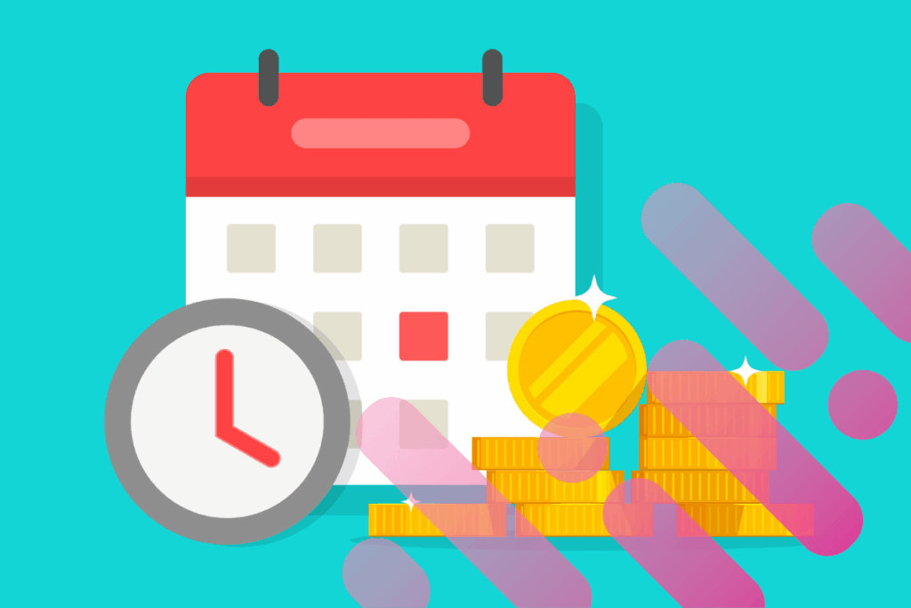 Illustration of a calendar, clock, and gold coins with branding overlay.