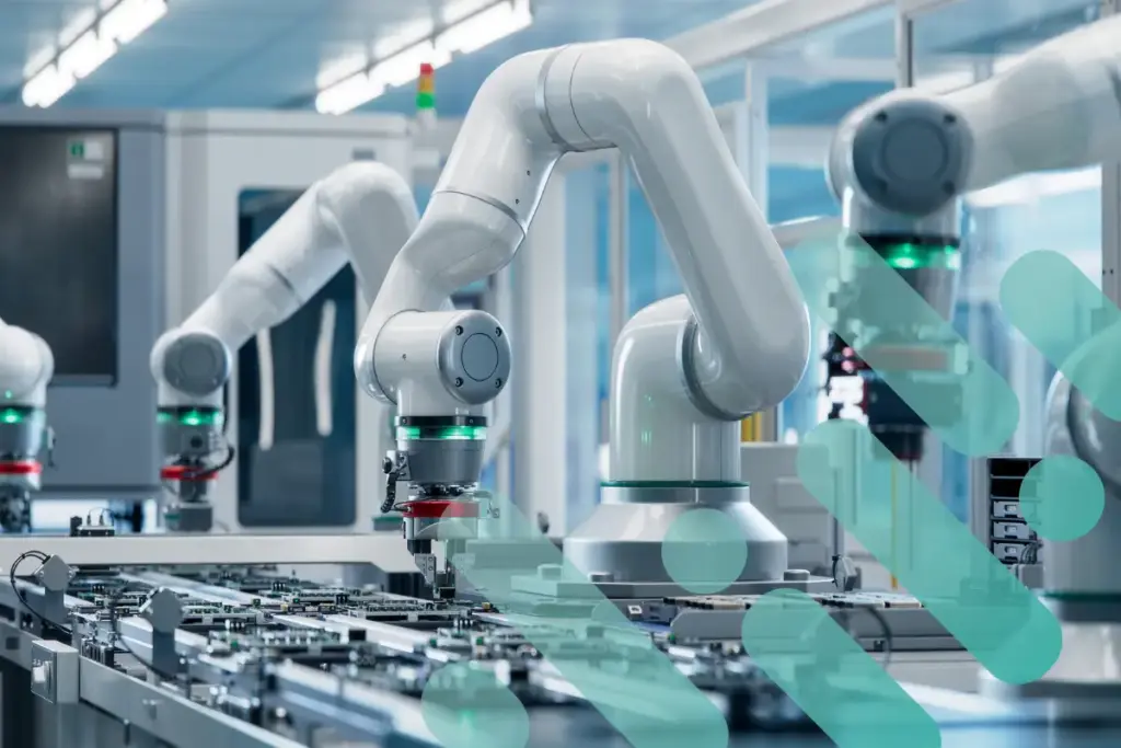 Assembly robots operating in automated manufacturing facility with branding overlay.
