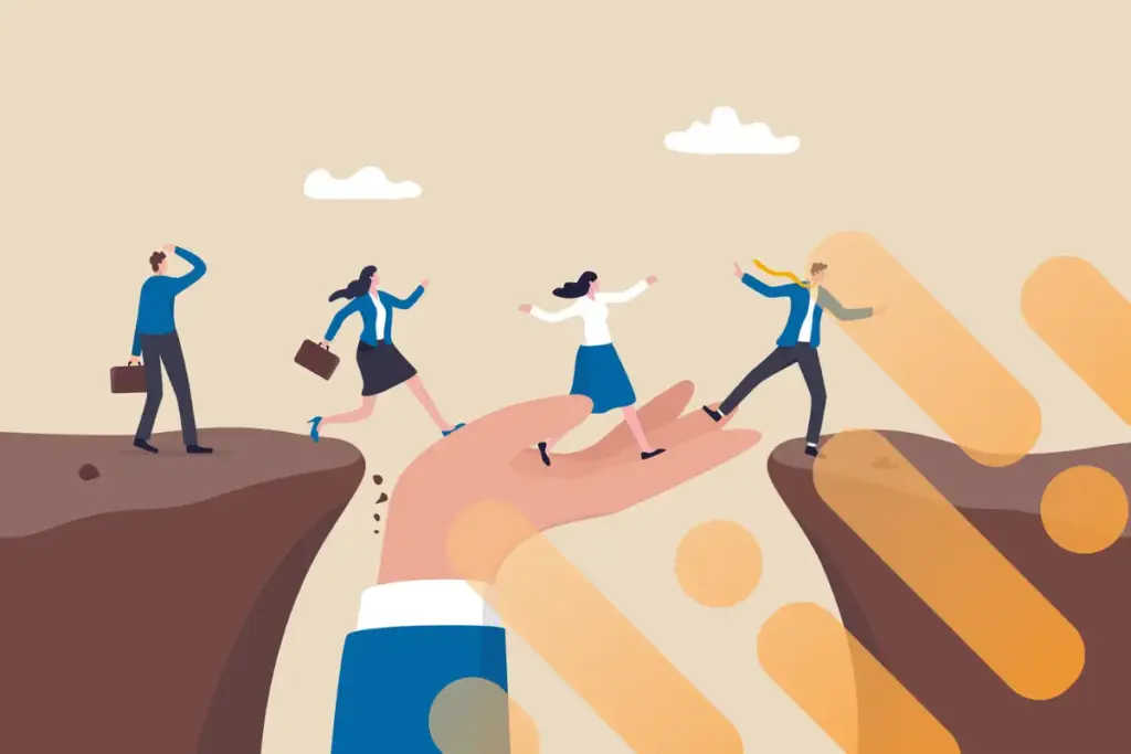 Candidates walking across a hand helping them cross between two cliffs with branding overlay.