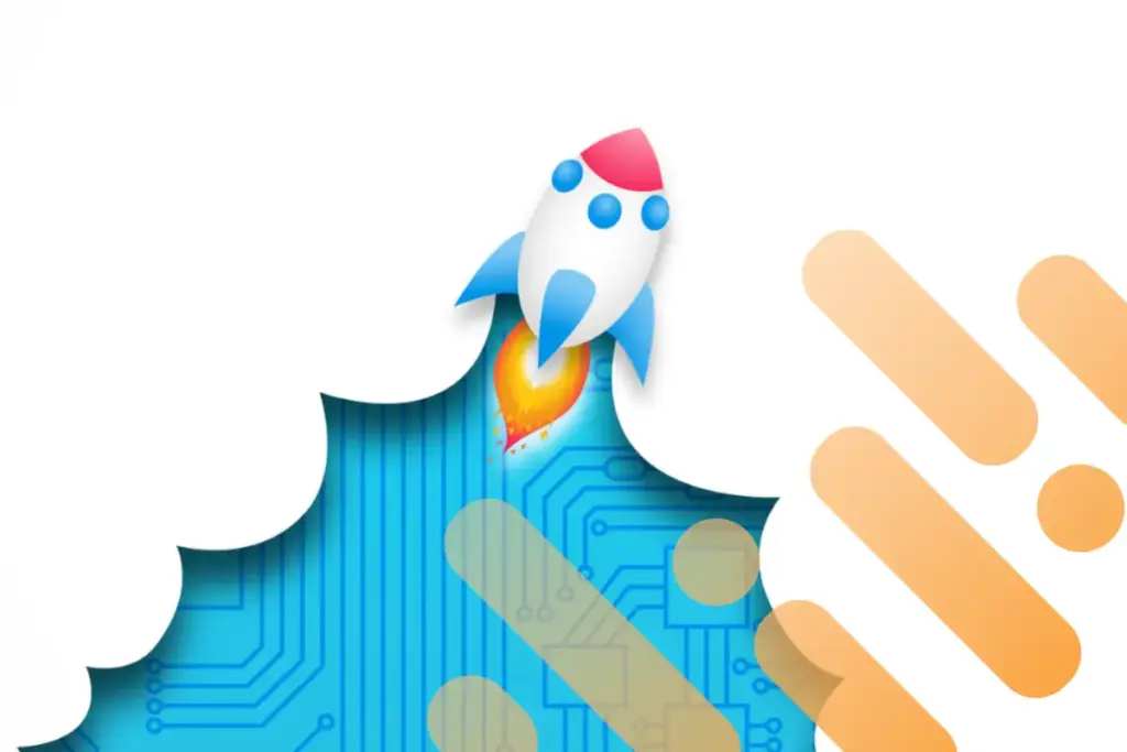 Animation of rocket taking off with branding overlay.