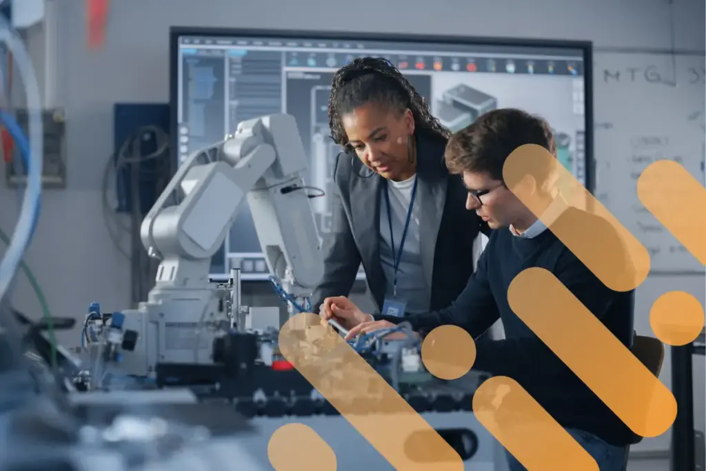 Two engineers are working on a robotic arm, with branding overlay.
