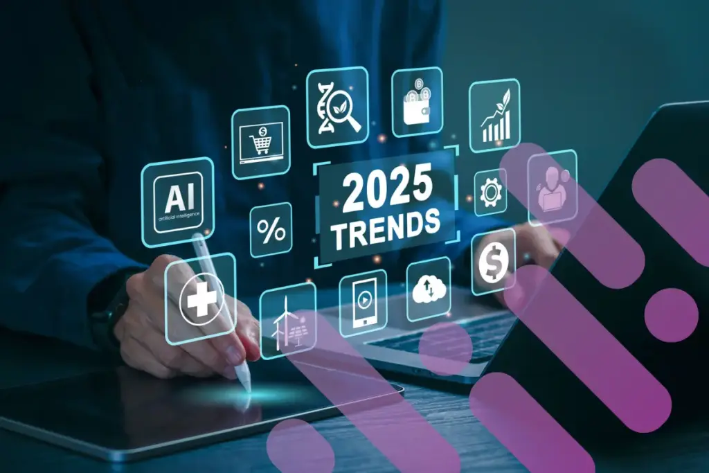 Man at desk with graphic overlay with icons related to engineering and "2025" with branding overlay.