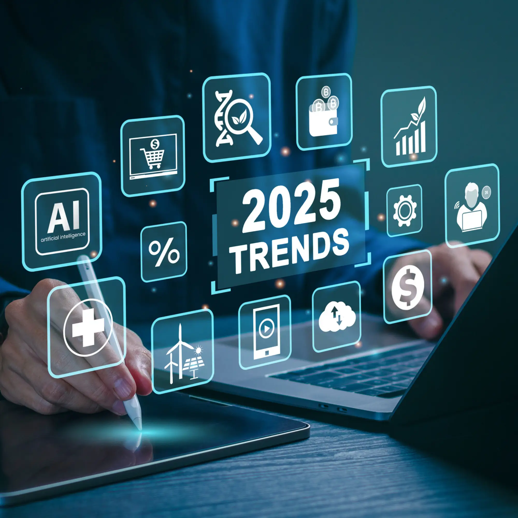 Man at desk with graphic overlay with icons related to engineering and 