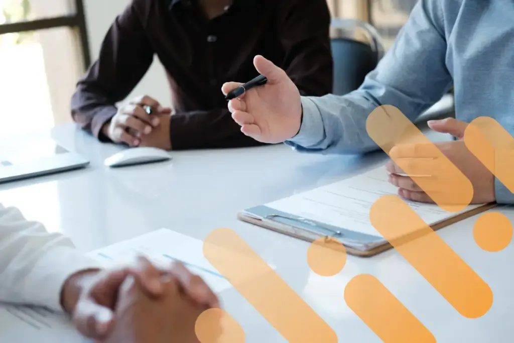 Executives in an interview with branding overlay.