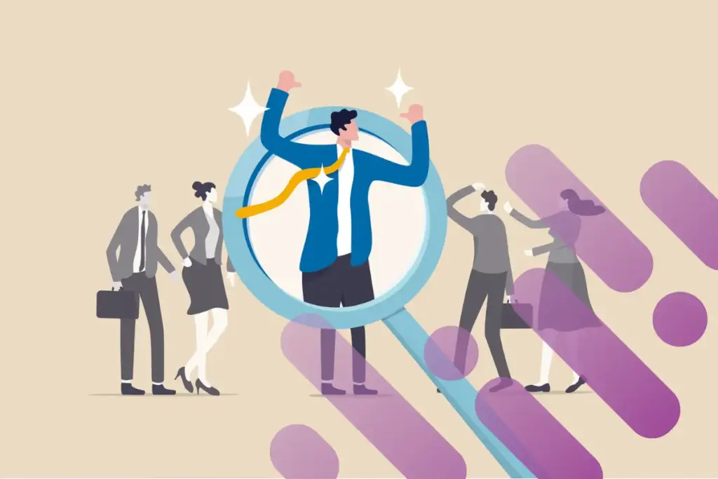 Animation of an executive standing in a magnifying glass with brand overlay.