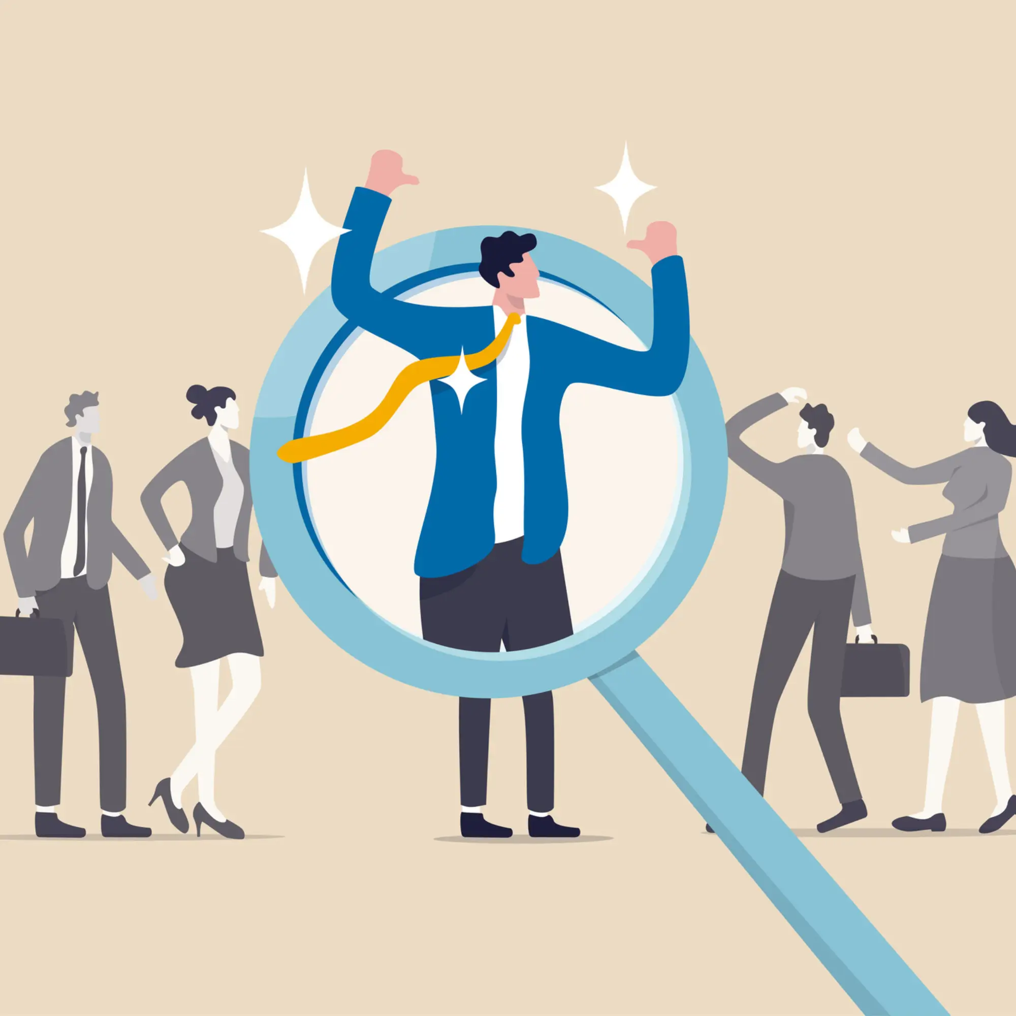 Animation of an executive standing in a magnifying glass.