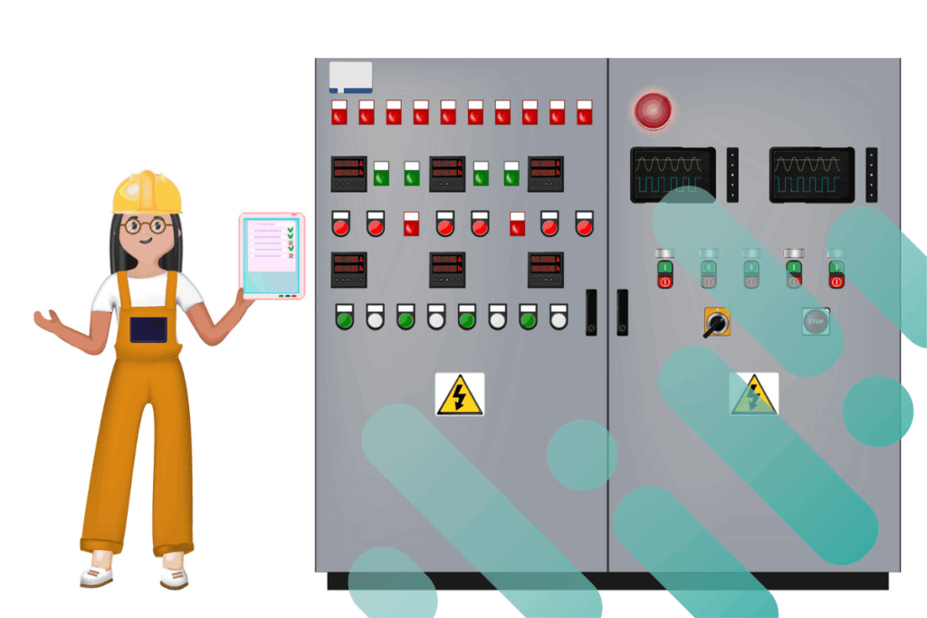Animation of an electrical engineer standing next to an electrical panel with brand overlay.