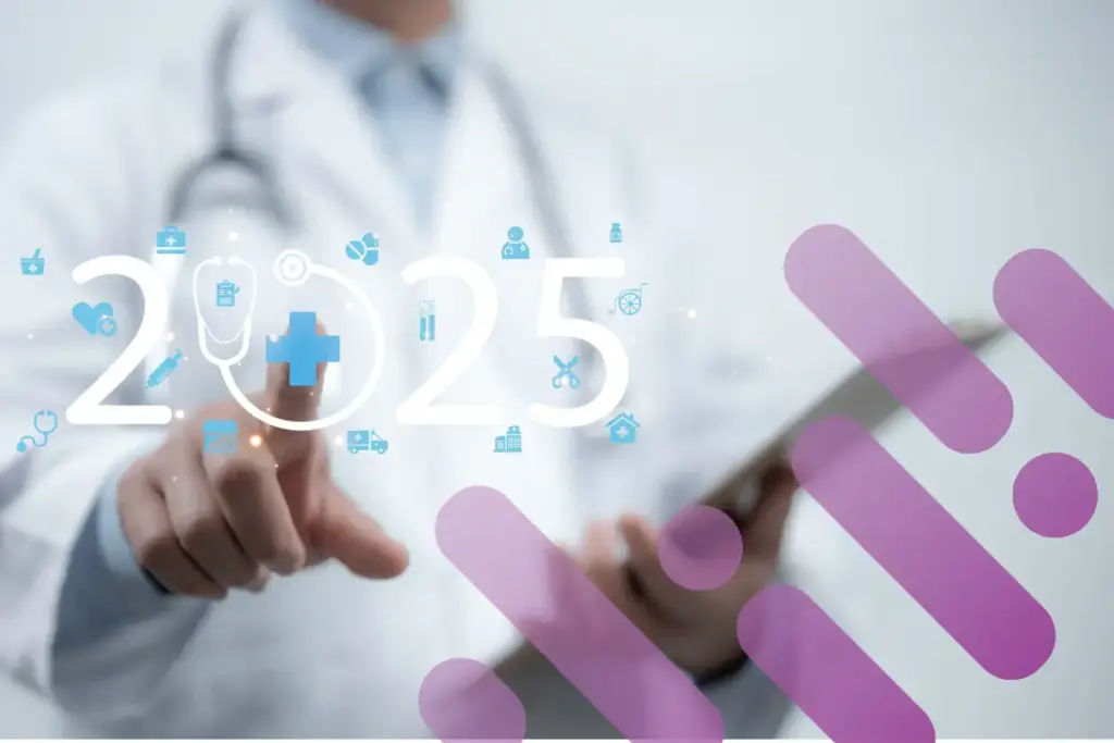Life science professional is pointing at a graphic that says 2025 with branding overlay.