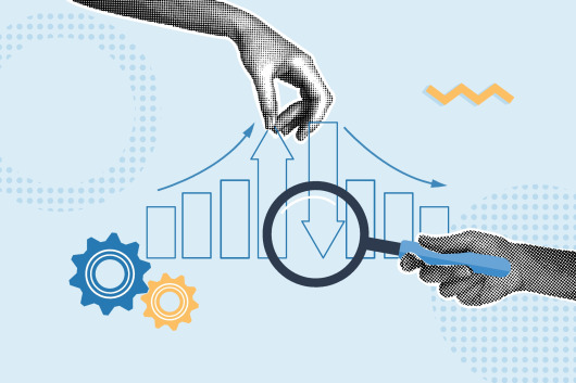 Cartoon image of a graph with animated hands holding a magnifying glass. 