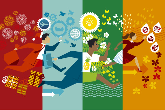 Running businessmen flat vector color illustration. Office workers hurrying up through seasons cartoon characters. Whole year job rush with no rest. Non stop business routine in winter, summer, autumn