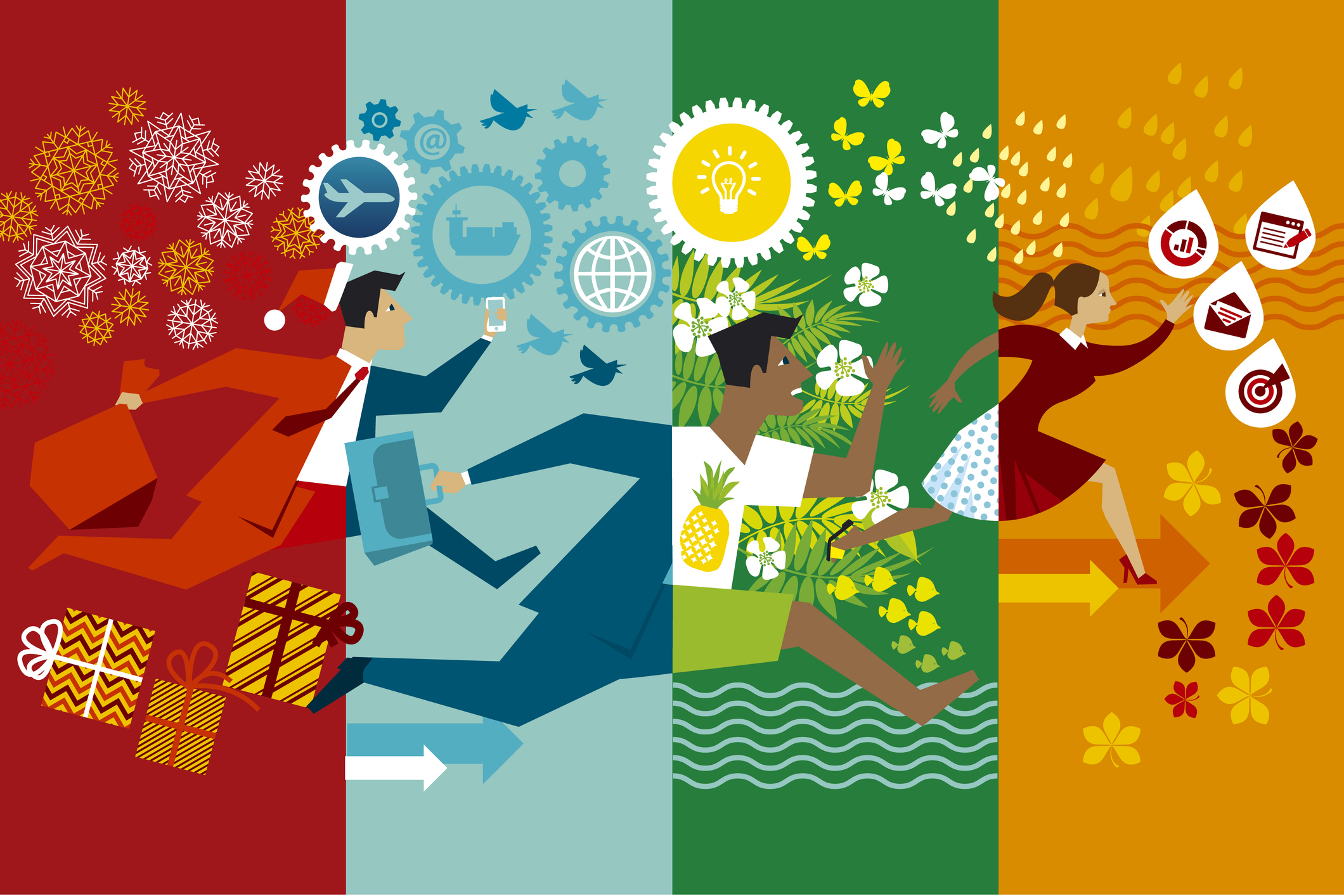 Running businessmen flat vector color illustration. Office workers hurrying up through seasons cartoon characters. Whole year job rush with no rest. Non stop business routine in winter, summer, autumn