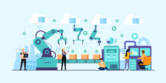 Industry 4.0 with programmer or human worker and robotic arm. Smart industrial revolution in factory process, Isolated flat vector illustration