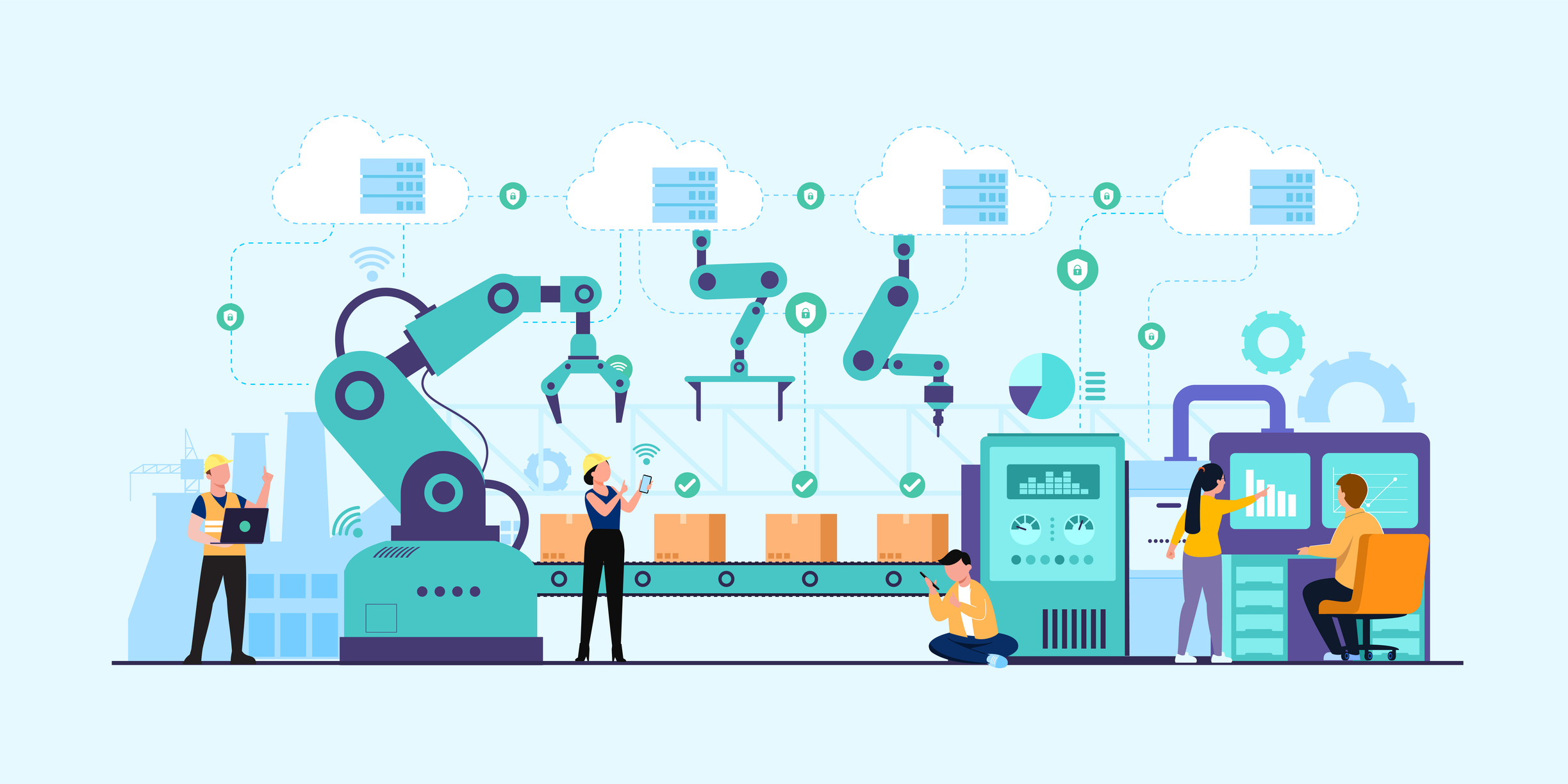 Industry 4.0 with programmer or human worker and robotic arm. Smart industrial revolution in factory process, Isolated flat vector illustration