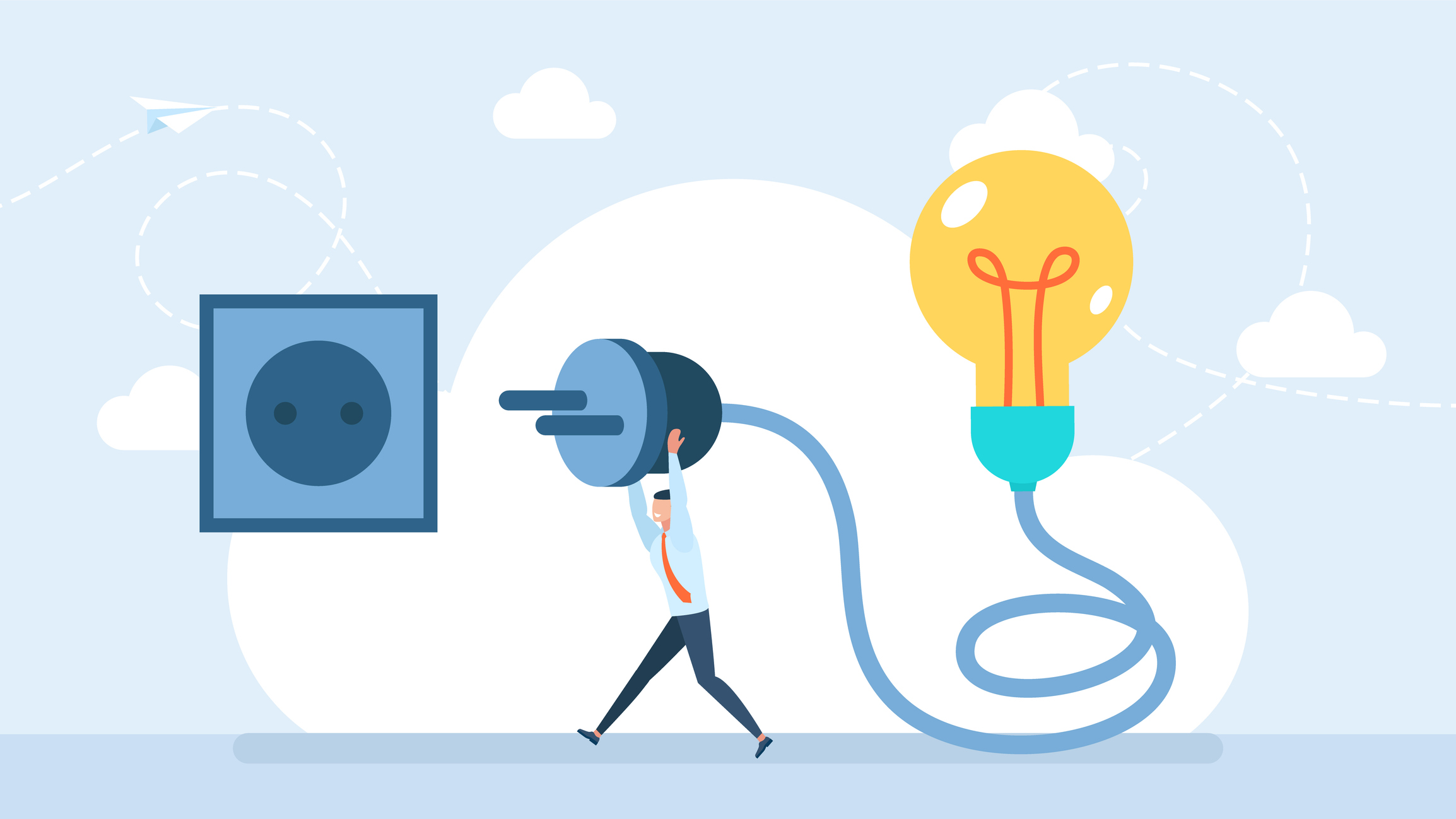Cartoon man plugging in large electrical cord.