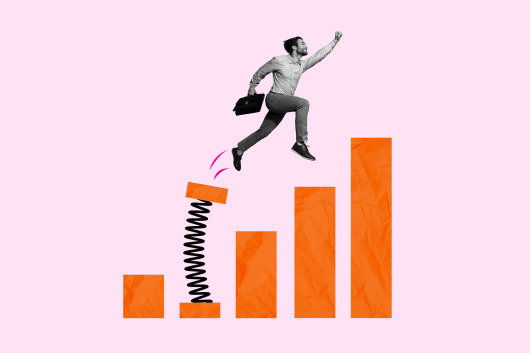 Painting of a graph trending upwards with a corporate man climbing it.