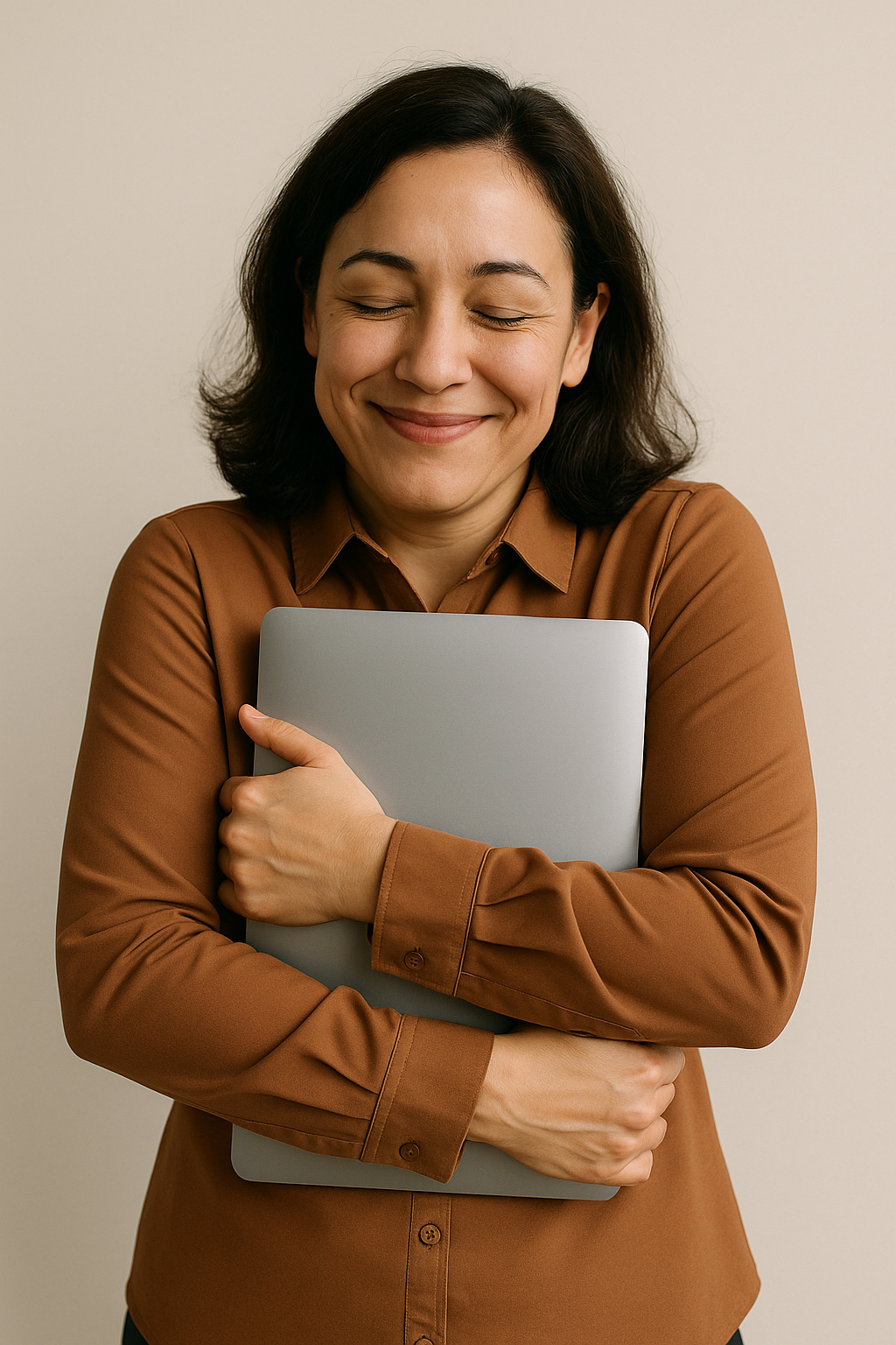Adorable mid-career female employee hugging her work materials, symbolizing the concept of job hugging in the workplace.