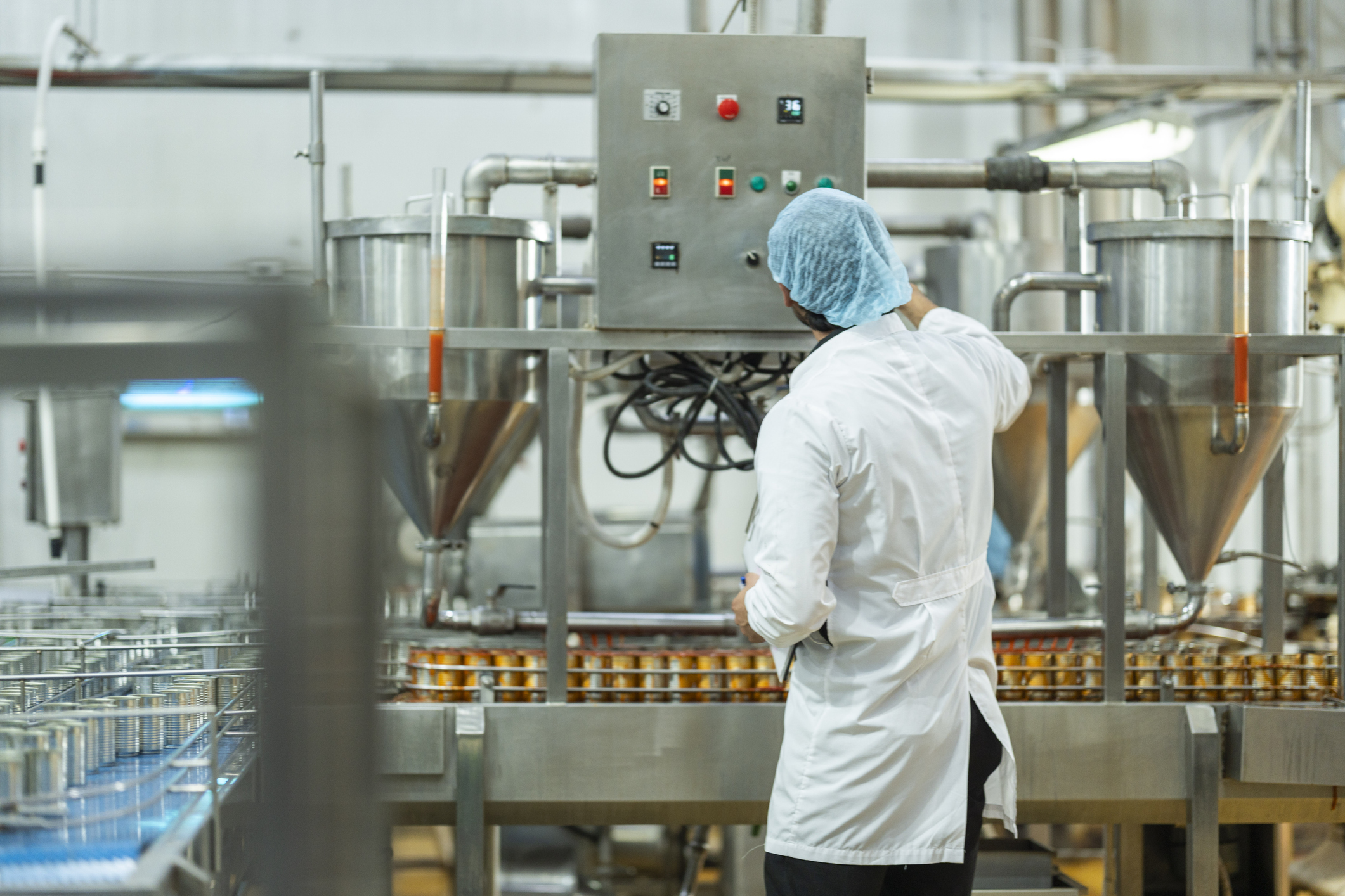 Inspector checking automated machinery in food production facility Focus on quality control safety and workflow efficiency. Worker overseeing food packaging machinery in a modern manufacturing plant. Preparing for Manufacturing Retirement & Knowledge Loss